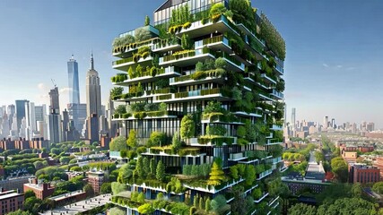 Aufkleber - A modern eco-friendly high-rise showcases vibrant greenery across its balconies against a bustling urban skyline. The structure blends seamlessly with the city, reflecting sustainability.