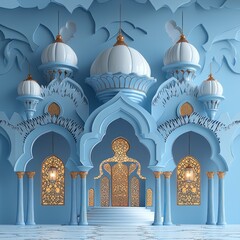 Poster - Intricate Blue Mosque Digital Illustration with Golden Accents