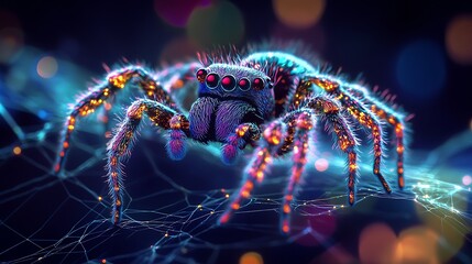 Adorable spider with intricate fluffy textures and multicolored patterns glowing on a web