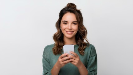 A joyful girl is seen using her mobile phone with a bright smile on her face, radiating happiness and excitement. This image captures the essence of modern connectivity and youthful joy in a simple, c