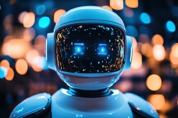 Poster - Futuristic robot with glowing eyes in a vibrant city setting at night