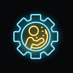 Poster - Neon glowing icon of a person working and managing time inside a gear, representing productivity and efficiency