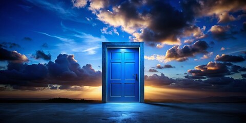 Poster - Blue Door Silhouette Mystery - Dramatic Evening Sky Photomontage