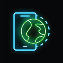 Poster - neon sign showing a smartphone connecting to a green globe, representing global communication and in