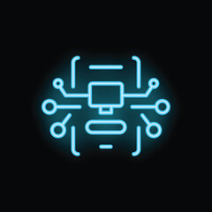 Poster - Bright glowing blue neon icon of a computer being hacked on a black background