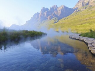 Poster - Natural hot springs surrounded by majestic mountains, steam rising in the cool air, inviting visitors to unwind and reconnect with nature