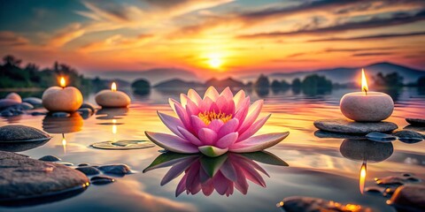 Poster - Vintage Serene Sunset: Lotus Flower, Candles, and Stones on Calm Water