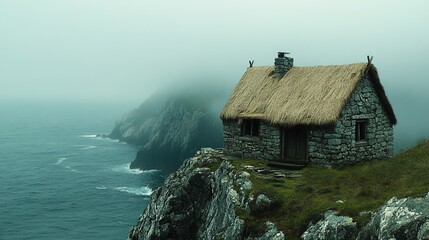 Charming Stone Cottage Perched on a Cliff Overlooking the Misty Ocean