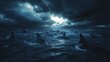 © dimensdesign - Mysterious Dark Ocean with Shark Fins Breaking the Surface Under Stormy Skies