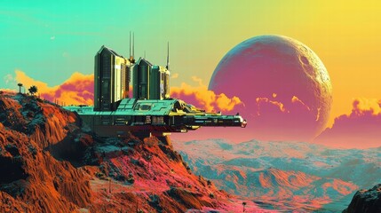Poster - Futuristic Space Colony on Alien Planet with Vibrant Colorful Sky