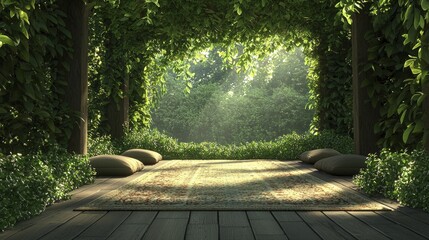 Poster - Serene outdoor meditation space embraced by vibrant foliage, showcasing a cozy rug, cushions, and soft sunlight for a calming escape.