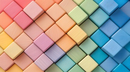 Leinwandbilder - Overlapping geometric patterns formed by brightly colored wooden blocks in a clean minimalist environment symbolizing the concepts of creativity