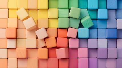 Leinwandbilder - A random assortment of vibrant colorful geometric wooden blocks scattered across a clean white surface emphasizing creativity free play and modern minimalist design