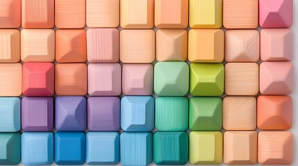 Leinwandbilder - A random assortment of colorful geometric wooden blocks scattered across a clean white surface emphasizing creativity and free play