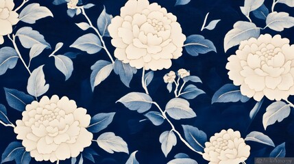 Wall Mural - Handwoven Batik Textile with Detailed Floral Motifs in Indigo and White Palette