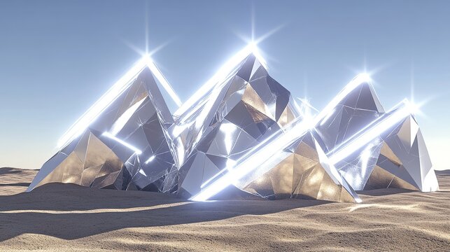 A surreal rendering of polygon peaks in a desert-like setting