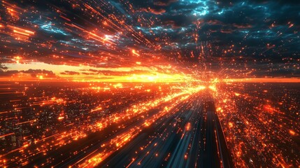 Poster - Radiant streams of data surge through a breathtaking sky at sunset, merging brilliant orange and blue hues. This dynamic convergence symbolizes the acceleration of technology and innovation