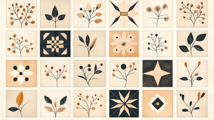 Poster - A beautiful collage of stylized floral patterns in earthy tones, showcasing leaves, flowers, and geometric shapes for modern decor inspiration.