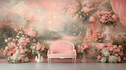 Aufkleber - Enchanting Vintage Inspired Floral Backdrop with Delicate Pink and White Blooms Graceful Drapery and Warm Soft Lighting for Romantic Maternity Photography