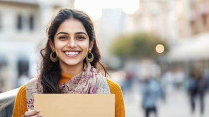 Wall Mural - smiling young Indian girl holding placard