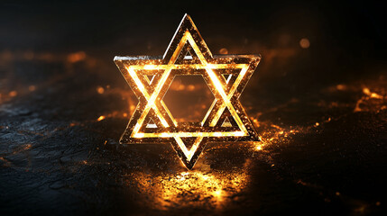 Star of David glowing softly against a dark background, symbol of faith and heritage, surrounded by warm light, sacred and meaningful