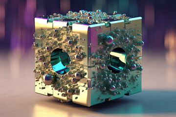 Poster - Ethereal geometric sculpture with a cube shape. Shiny crystal cube structure with vibrant colors in vaporwave and y2k style.