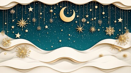 Poster - A beautiful paper cut-out design featuring a crescent moon, stars, and abstract waves, creating a serene nighttime atmosphere.