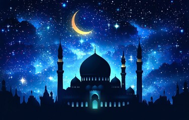 Wall Mural - A mosque silhouette against the night sky with stars and crescent moon, Ramadan background. Mosque silhouette, vector illustration design for an Islamic holiday banner or greeting card template. 