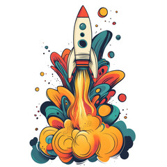 Poster - A stylized retro rocket blasts off into space leaving a trail of vibrant colorful smoke and abstract planetary forms.