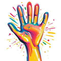 Poster - A stylized abstract image of a hand painted in bright colors reaching upwards against a black background.