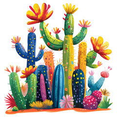 Poster - A vivid artistic depiction of a diverse collection of cacti and flowers in bright colors, set against a black background.
