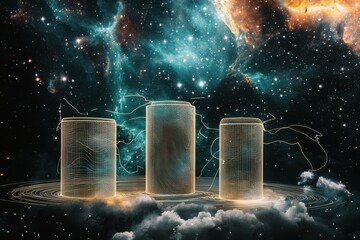 Poster - Abstract 3D structures floating in a cosmic nebula with vivid colors and intricate designs