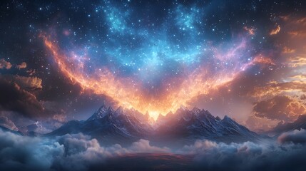 Aufkleber - Immersed in the wondrous beauty of the cosmic realm this breathtaking image captures the ethereal majesty of glowing nebulae shimmering stars and towering mountain peaks