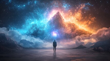 Poster - A lone space traveler stands in awe as the mysteries of the vast boundless universe unfold before their eyes revealing vibrant auroras massive black holes and distant galaxies in a captivating