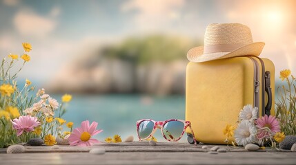 Poster - Vibrant yellow suitcase straw hat and sunglasses bathed in golden sunbeams on a tranquil beachside boardwalk capturing the joy and carefree spirit of travel and vacation