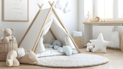 Aufkleber - Cozy Minimalist Nursery with Soft Tent Plush Blanket and Adorable Toys in Warm Parquet Setting  Bathed in Gentle Natural Light
