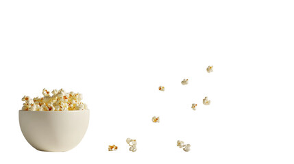 Poster - A white bowl of popcorn with several pieces falling or floating against a black background.