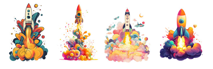 Aufkleber - A vibrant illustration showcases four rockets launching into space amidst colorful explosions and dynamic smoke trails.