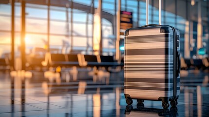 Aufkleber - Trendy and sleek luggage shining in the waiting area of a modern airport with sunlight streaming through large windows and reflecting the excitement of travel
