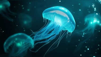 Aufkleber - jellyfish in a deep blue, aquatic environment. The jellyfish are translucent with a blue hue, and are surrounded by small, glowing particles that give the scene a mystical, ethereal appearance.