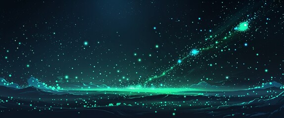 Dark expanse with bright green and blue particles twinkling distant soft nebula glow illustration background design