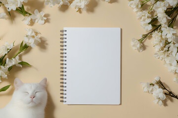 Serene White Cat and Blank Notebook Surrounded by Delicate White Flowers