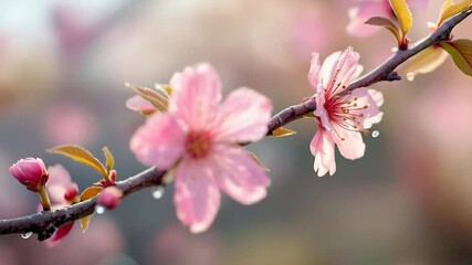 Poster -  shows pink flowers on a tree branch, with a blurred background. The flowers appear to be blooming, indicating that it might be springtime.
