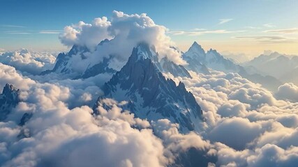 Fototapete - a mountain range emerging from a dense layer of clouds. The mountains are covered in snow and have a majestic appearance, with the sun casting shadows and highlights on the peaks.