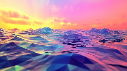 Leinwandbilder - An ocean of liquid polygons with rippling triangular waves reflecting a surreal rainbow sky