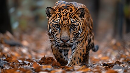 Wall Mural - a majestic jaguar walking through the autumn leaves with intense stare and striking patterns