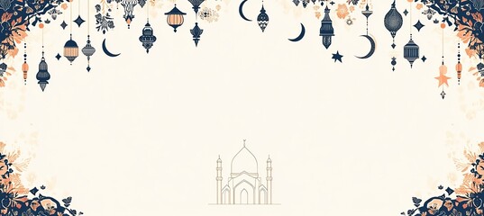 Wall Mural - A radiant background illuminating a white, simple mosque silhouette surrounded by an Islamic pattern of geometric ornamentation. 