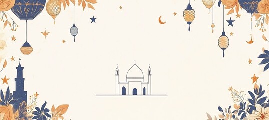 Wall Mural - A radiant background illuminating a white, simple mosque silhouette surrounded by an Islamic pattern of geometric ornamentation. 