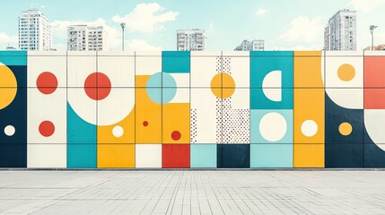 Poster - A vibrant, abstract mural featuring geometric shapes in various colors on a concrete wall, showcasing modern urban art against a city backdrop.