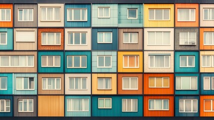 Poster - A vibrant and colorful facade showcasing a grid of windows in various hues, creating a striking modern architectural design.